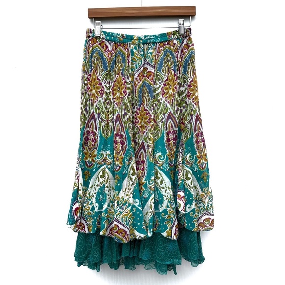 Vibrant Teal and Multicolor A-Line Skirt lace underneath size medium - Picture 1 of 7